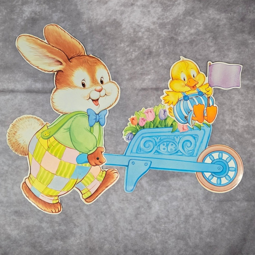 Vintage Bunny With Wheelbarrow Chick Die Cut‎ Easter Decor